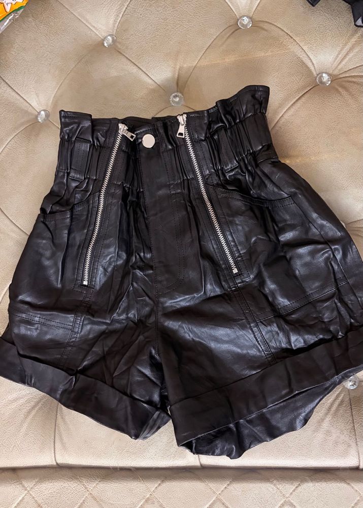 Black Faux Leather Paperbag Shorts