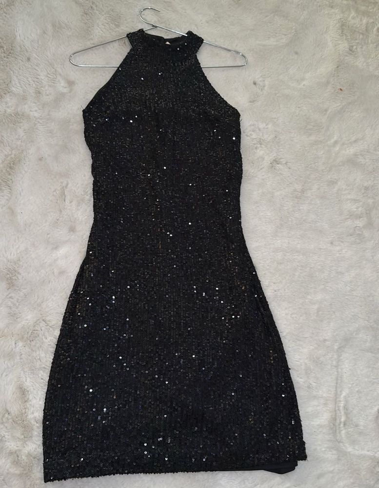 Sparkling Black Sequin Halter Dress