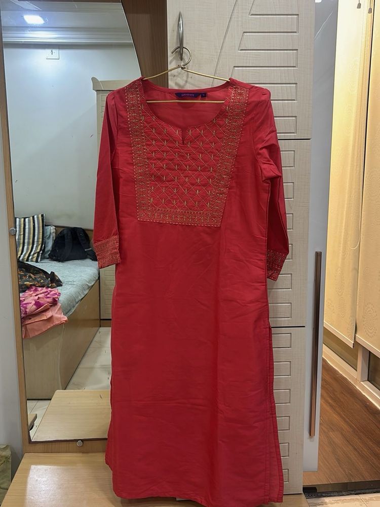 Vibrant Red Embroidered Kurta(never worn)