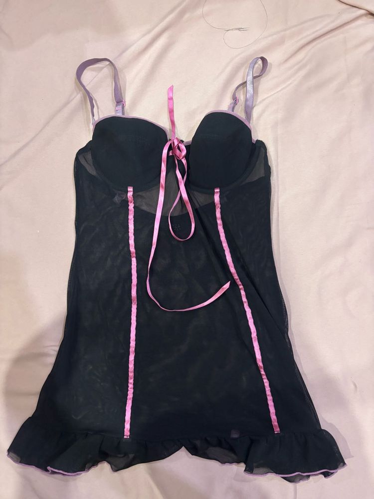 y2k Sheer Black Chemise with Pink Trim