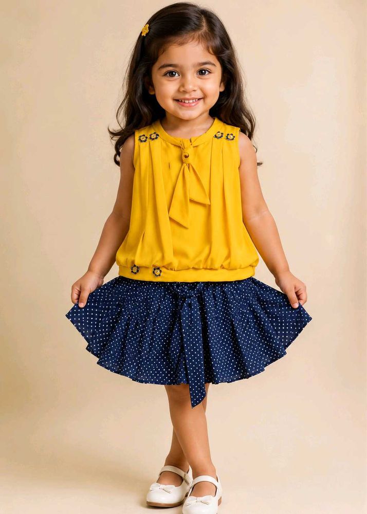 yellow top with navy blue skirt