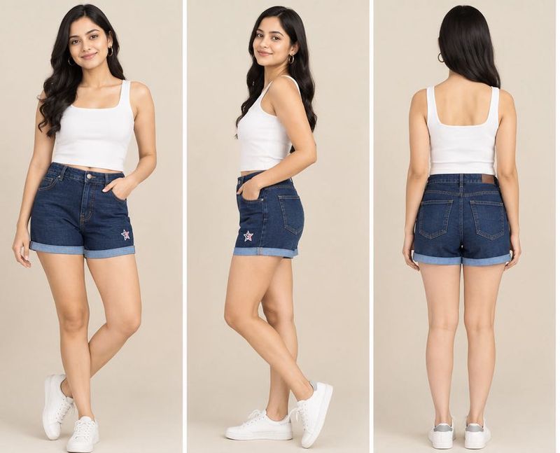 Women's Dark Wash Denim Shorts with Star Detail