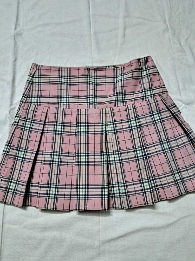 Pink Plaid Pleated Mini Skirt