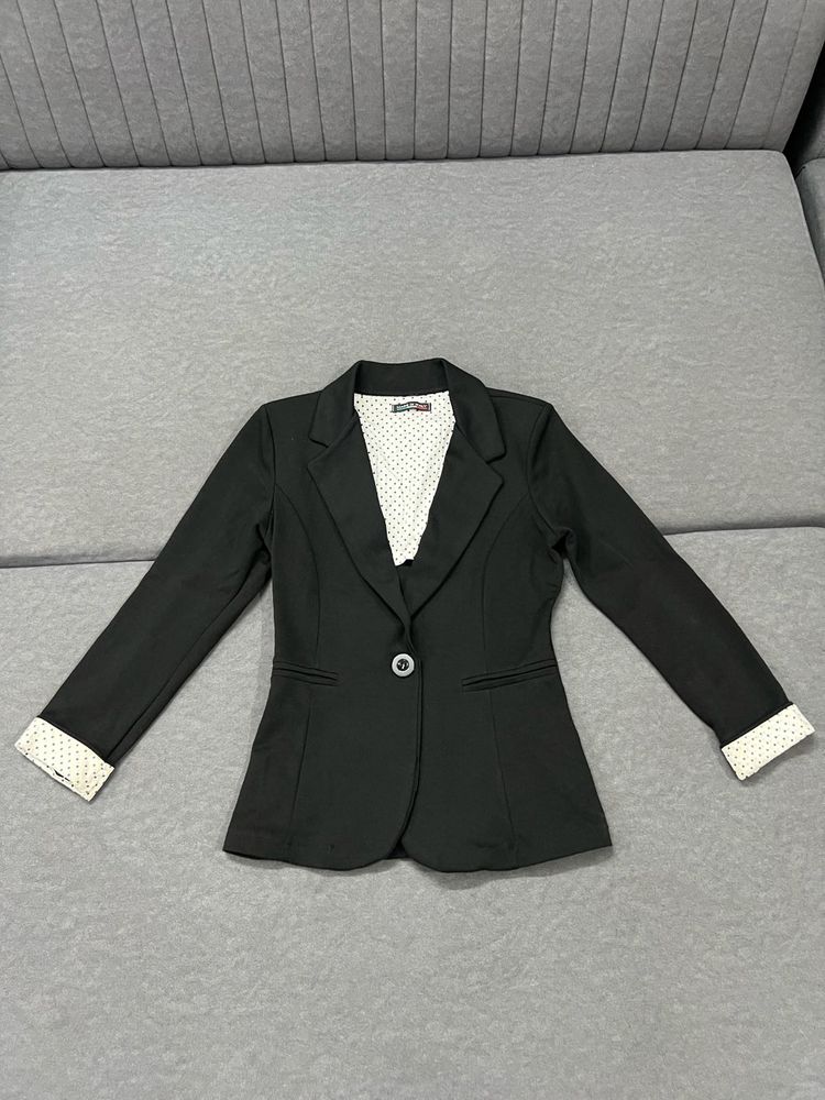 Classic Black Blazer with Polka Dot Lining
