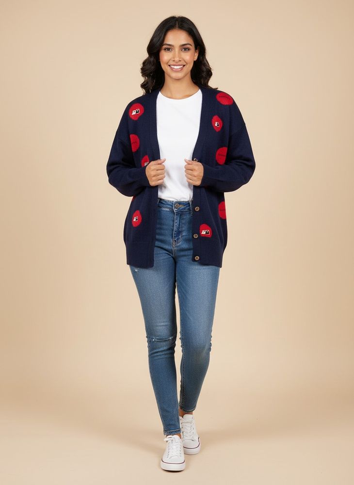 Navy Blue Cardigan with Red Accents