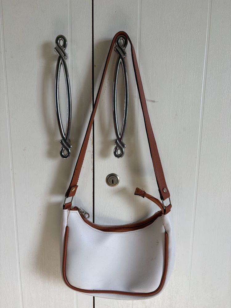 Chic White Hobo Bag with Brown Trim