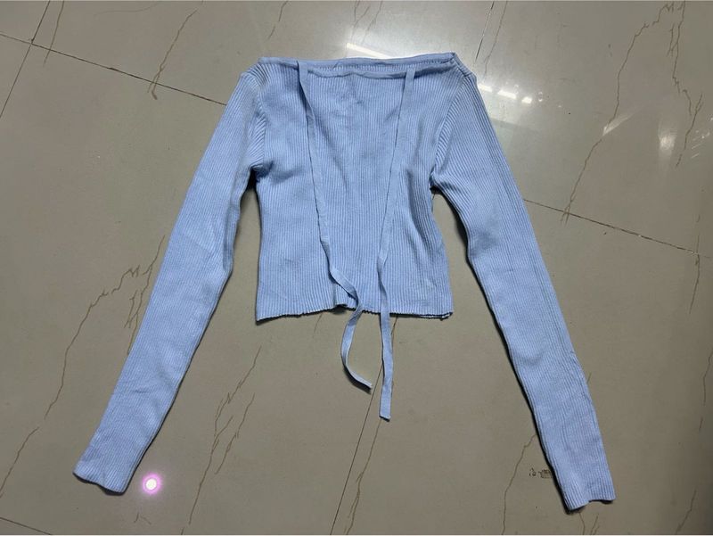 Blue Tie-Front Knit Top