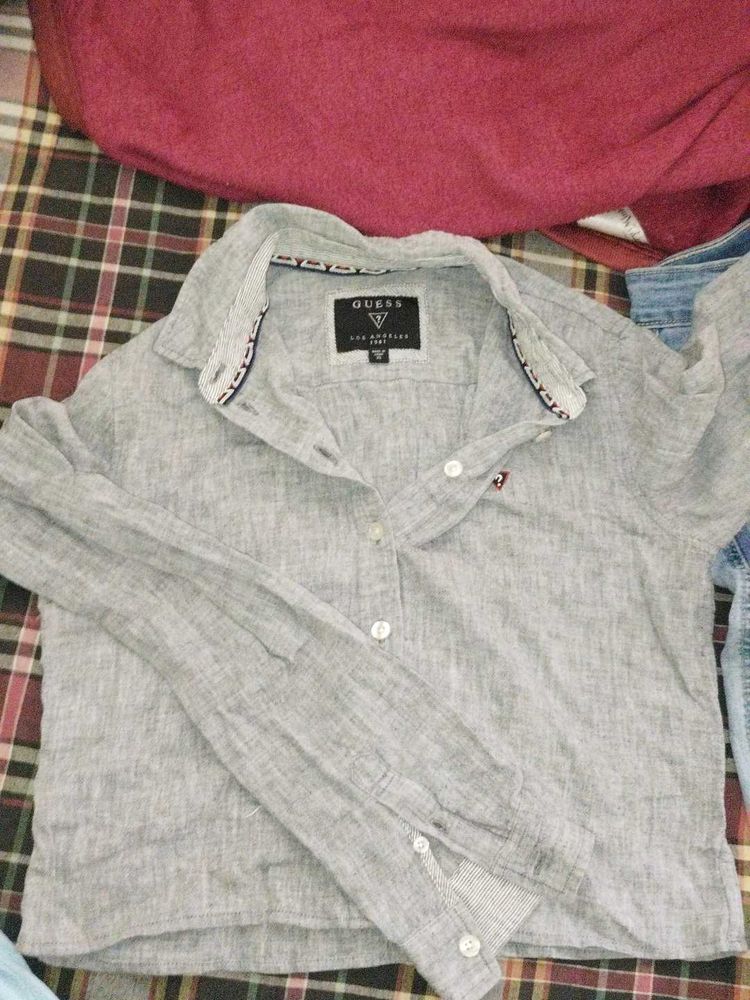 Guess Grey Linen Button-Up Shirt