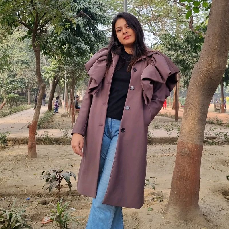 Cabernet Overcoat Ruffled Shoulder