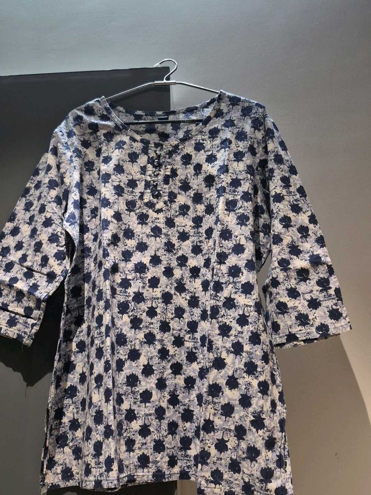 Blue Floral Print Cotton Kurta
