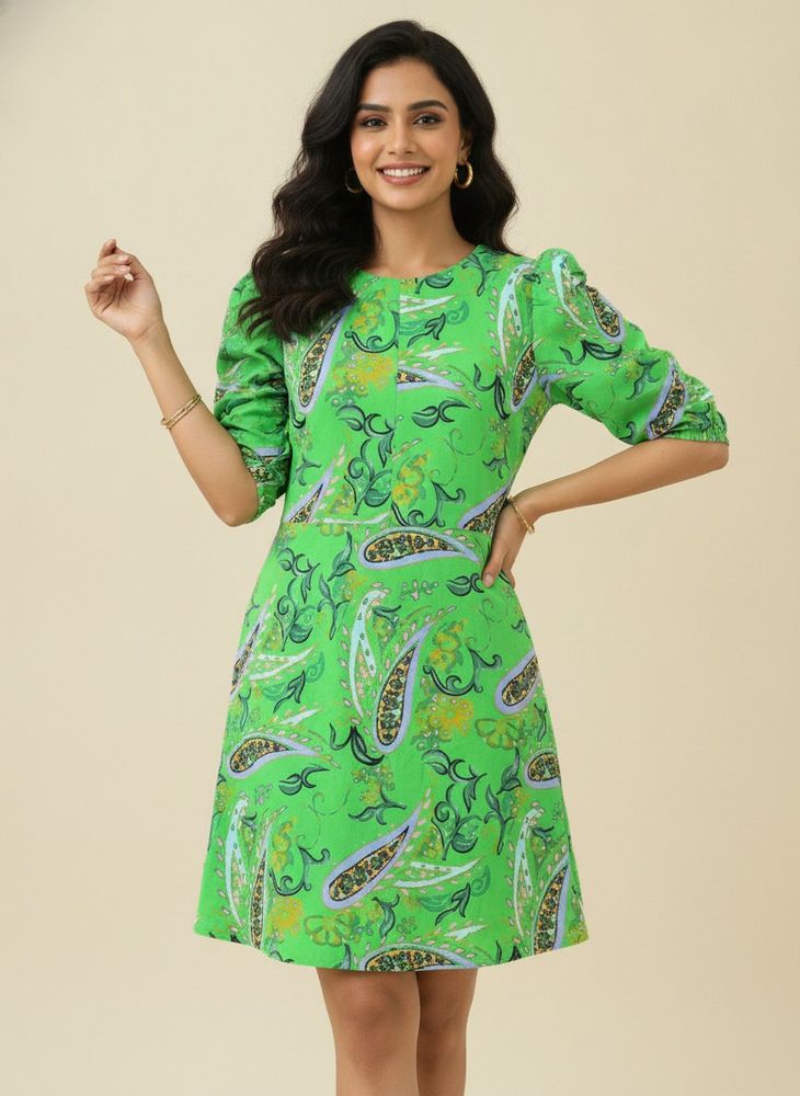 Vibrant Green Paisley Print Dress