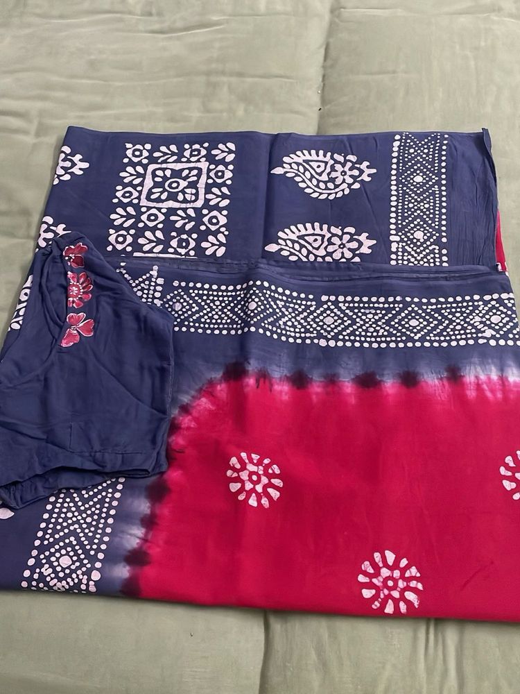 Beautiful Indigo &amp; Pink Batik Saree