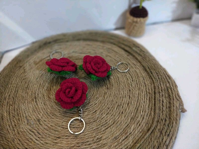 Handmade Crochet Rose Keychains (Set of 3)