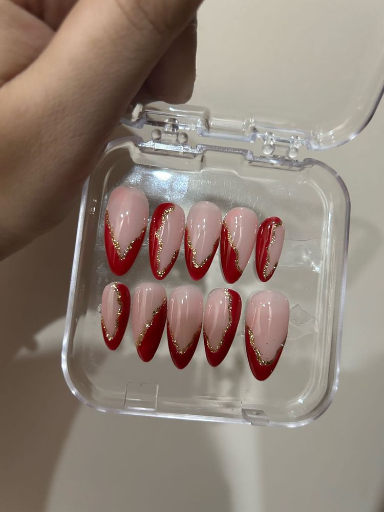 Red French Tip Press-On Nails with Gold Glitter
