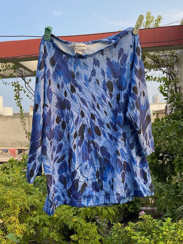 Blue Abstract Print Long Sleeve Top