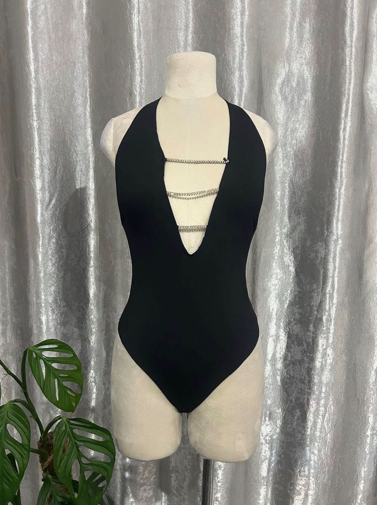 Black Halter Neck Rhinestone Detail Bodysuit