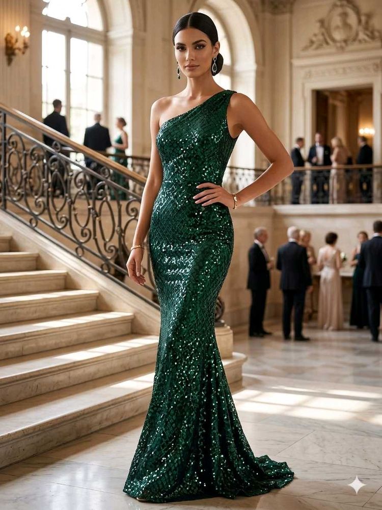 Stunning Emerald Sequin One-Shoulder Gown