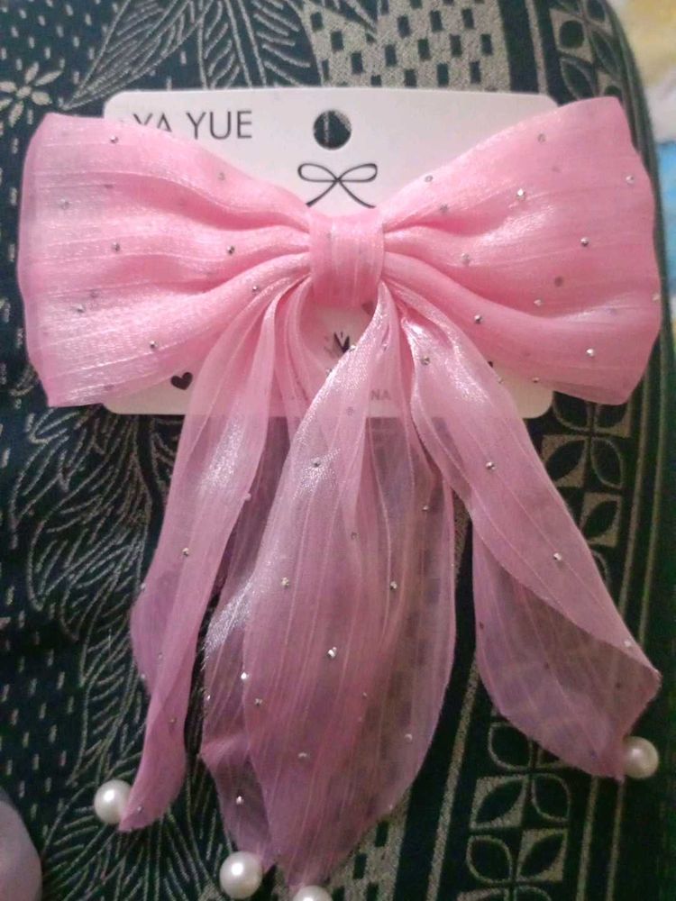 Chic Pink Sparkle Hair Bow with Pearls