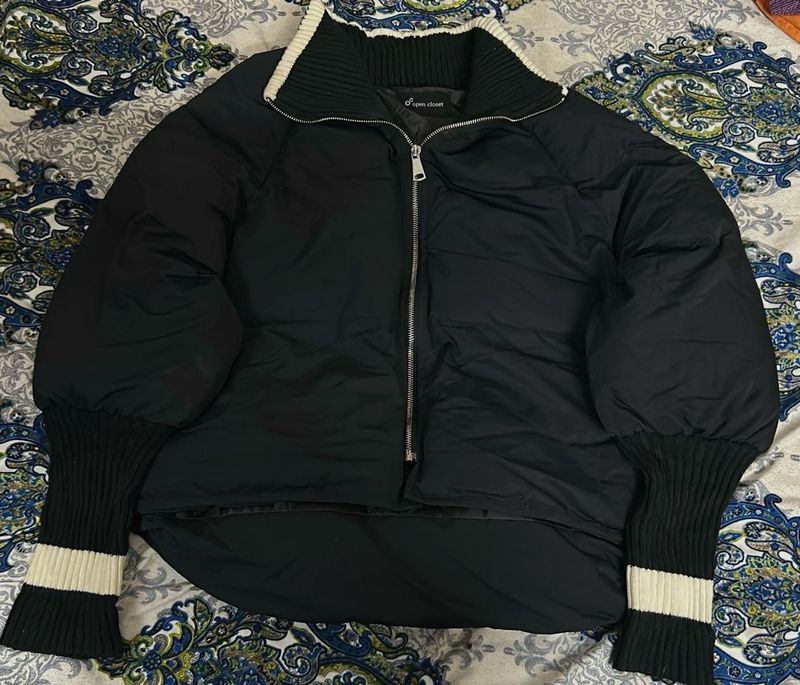 Black Puffer Jacket with Striped Cuffs
