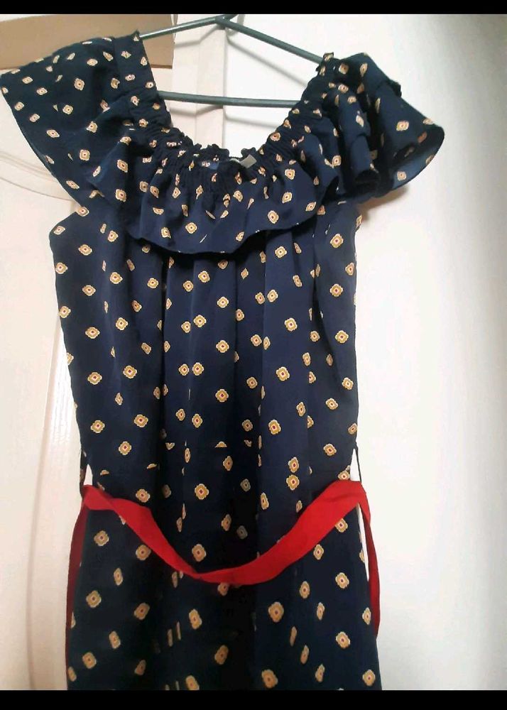 Navy Blue Off-Shoulder Dress with Red Belt