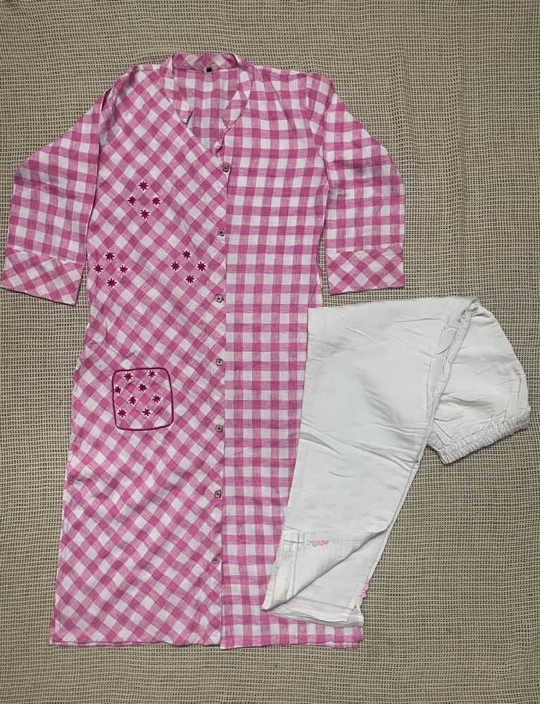 Pink Checkered Kurti Pant Set