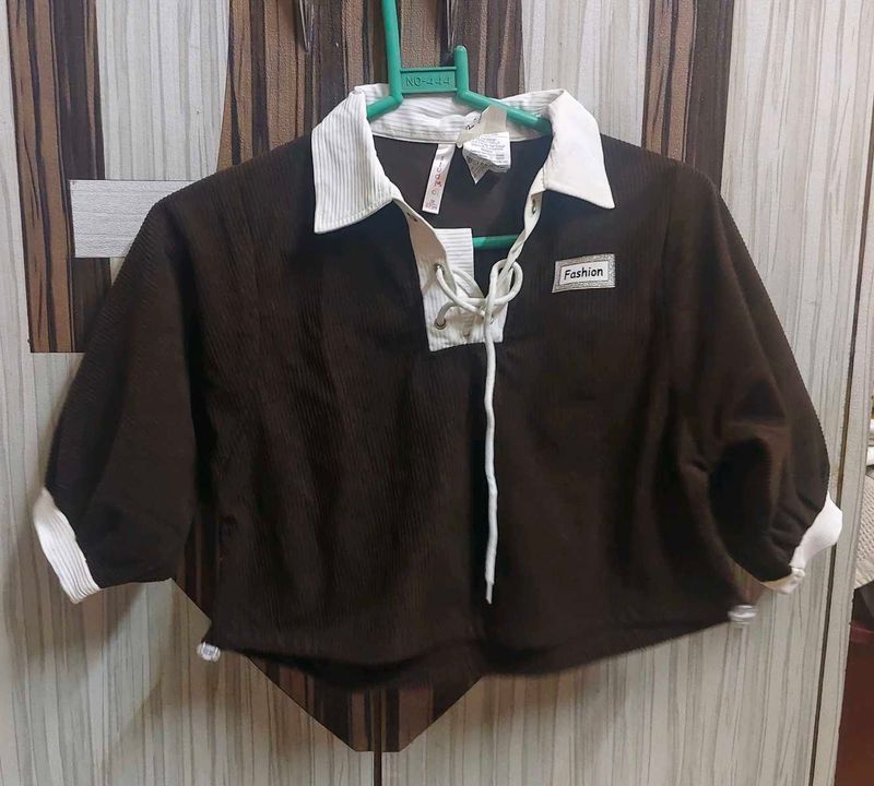 Brown Cropped Collared Top