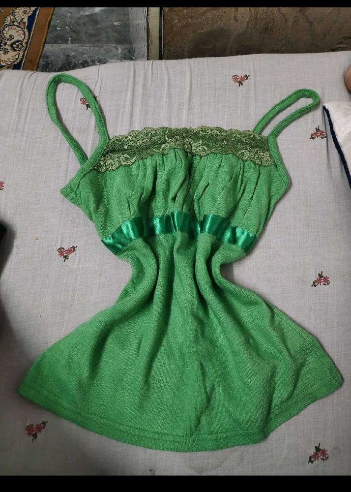Green Spaghetti Strap Top with Lace Trim