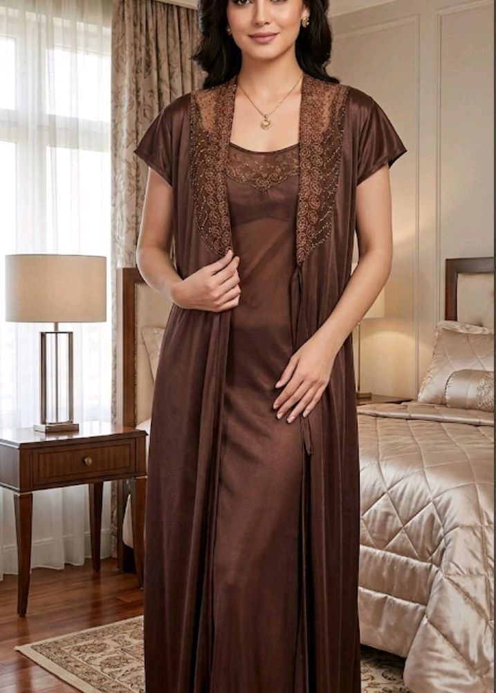 Elegant cofee Brown Nightgown with Lace Detail