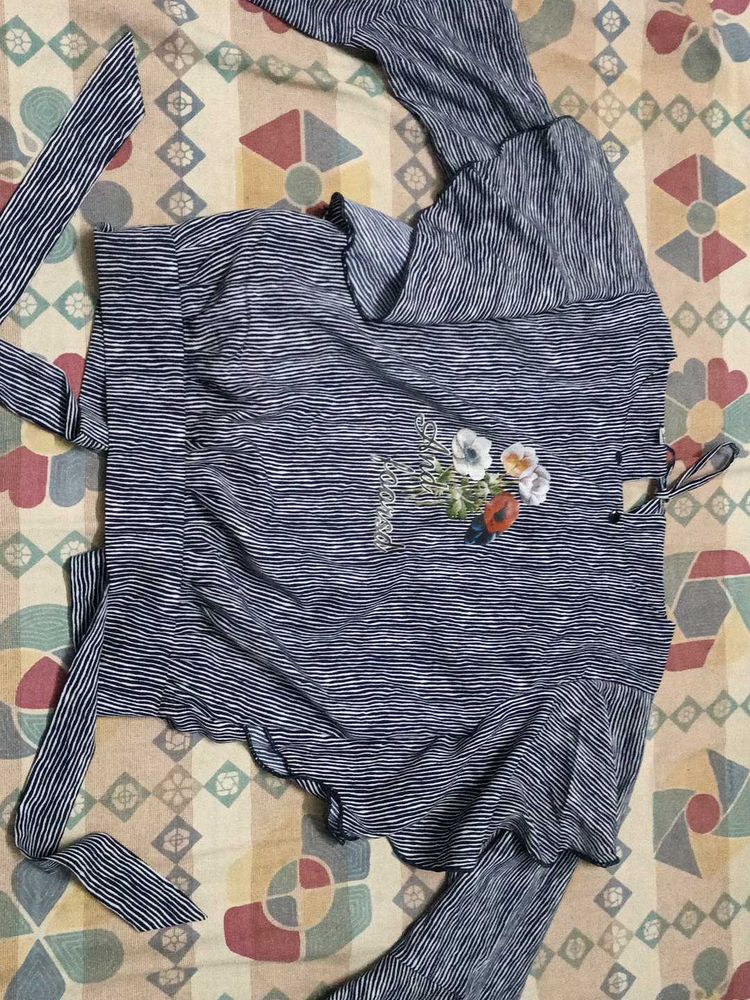 Striped Ruffled Top with Floral Embroidery