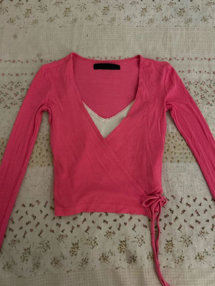 Pink Wrap pilate Top with white lace cami