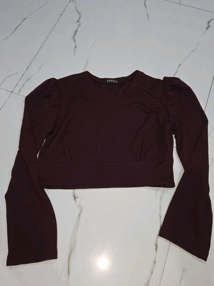 Maroon Puff Sleeve Crop Top