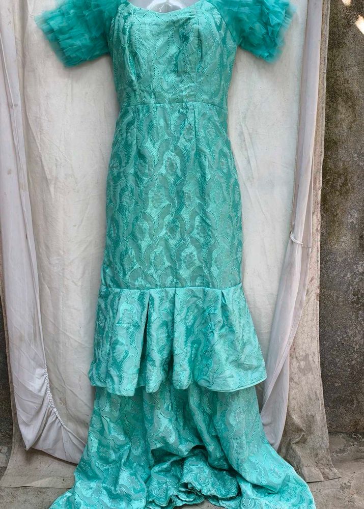 Elegant Teal Brocade Gown