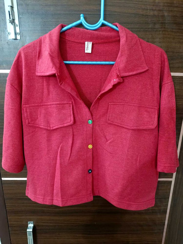 Vibrant Red Cropped Button-Up Shirt