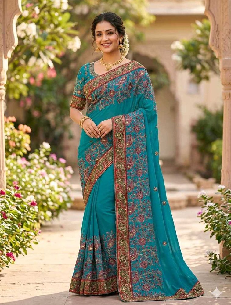 Beautiful Teal Embroidered Silk Saree