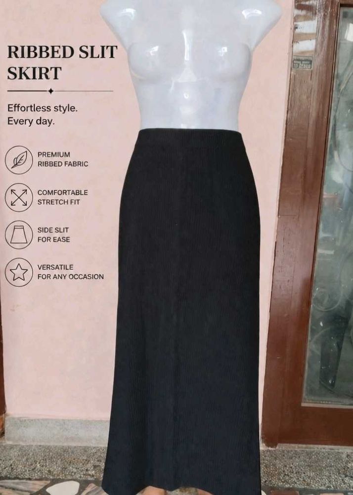Premium Black Ribbed Slit Midi Skirt