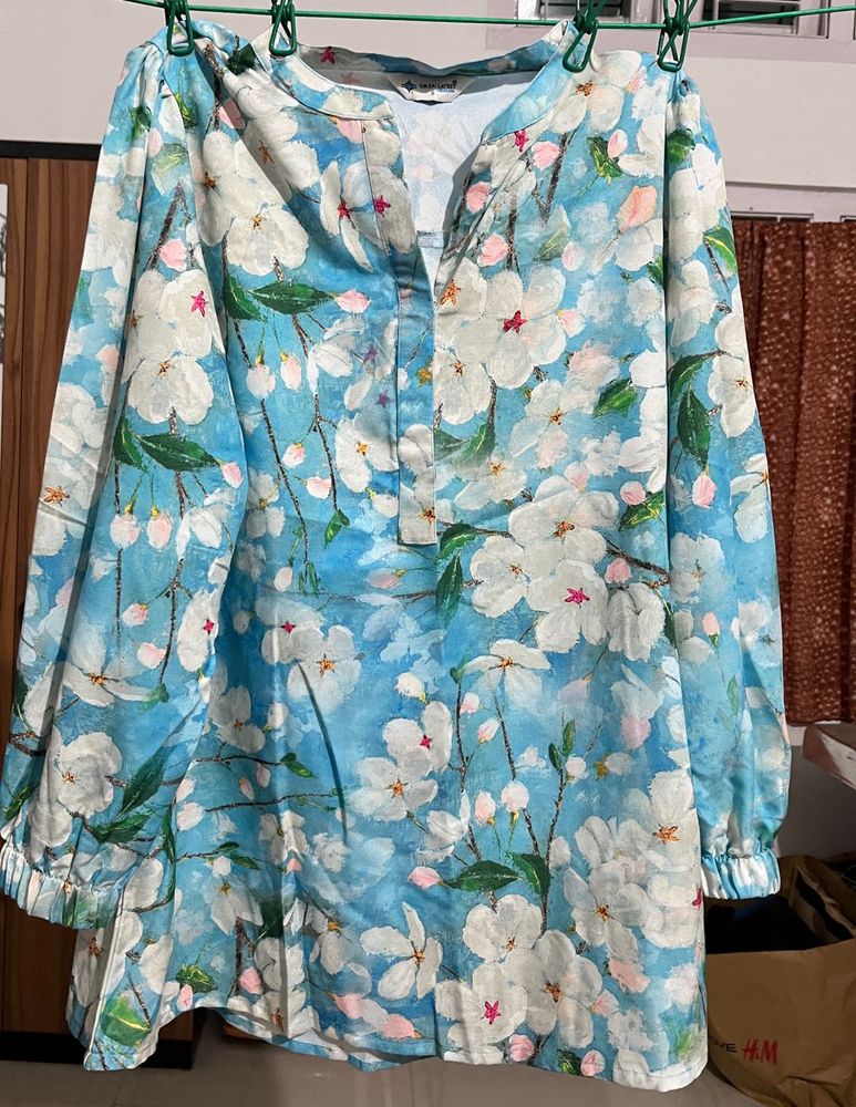 Blue Floral Print Tunic Top