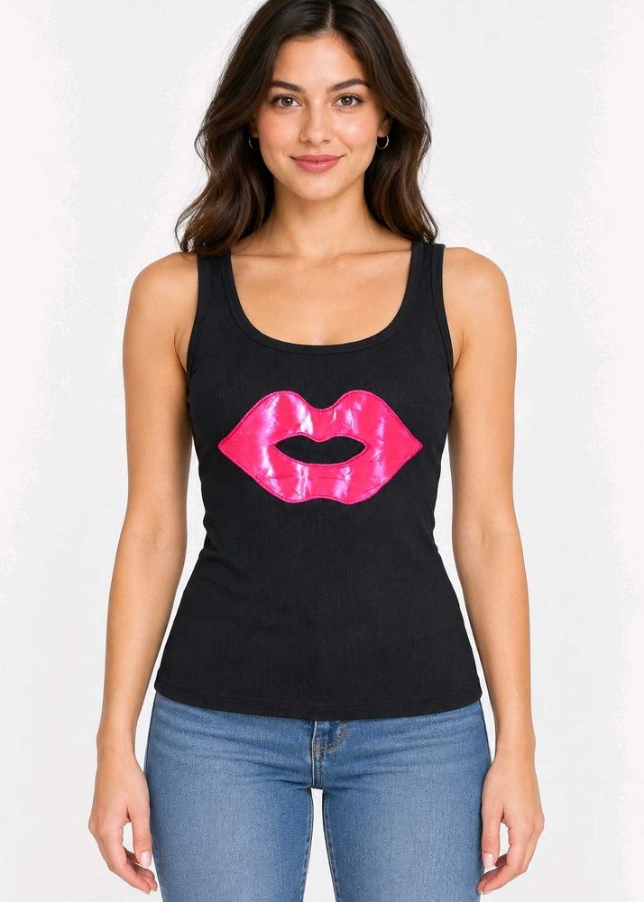 Women's Black Tank Top with Pink Lips