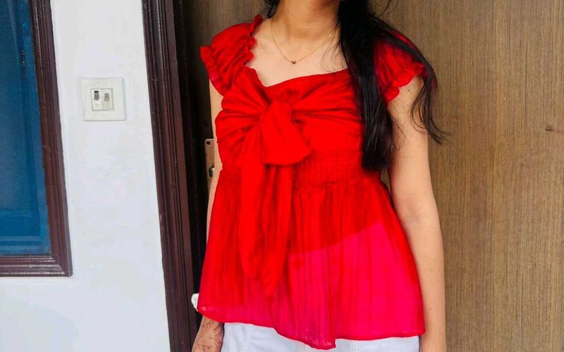 Vibrant Red Bow Detail Top