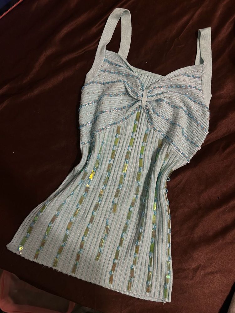Blue Y2K Embellished Tank Top