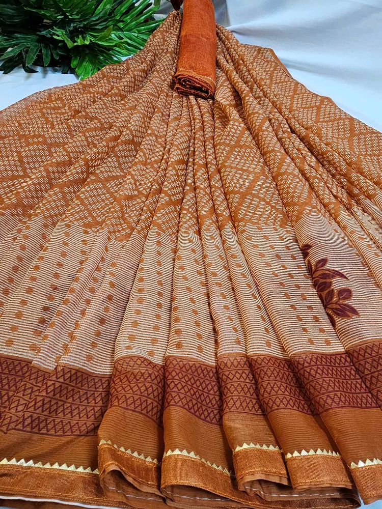 Elegant Brown colour Printed Saree with blouse