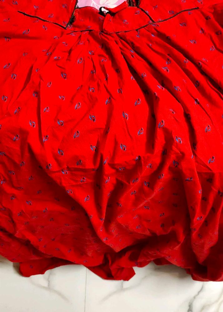 Red cotton printed nighty for women - free size -