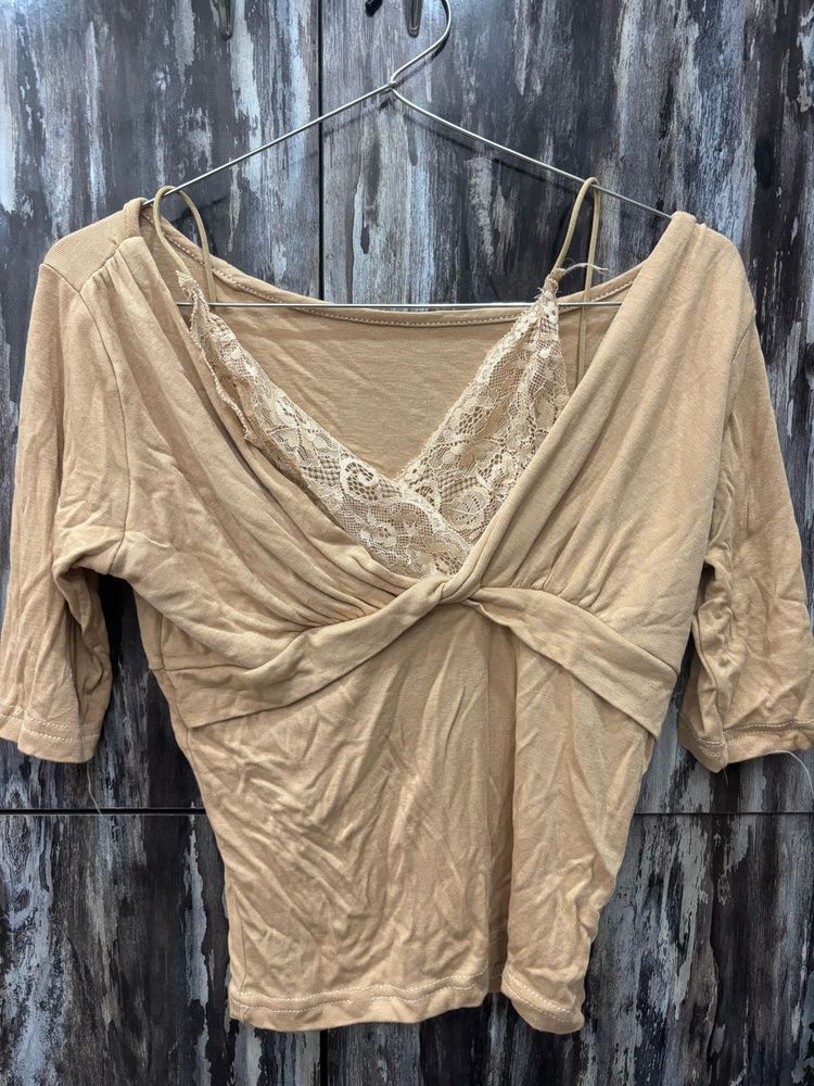 Tan Lace Trim Twist Front Top