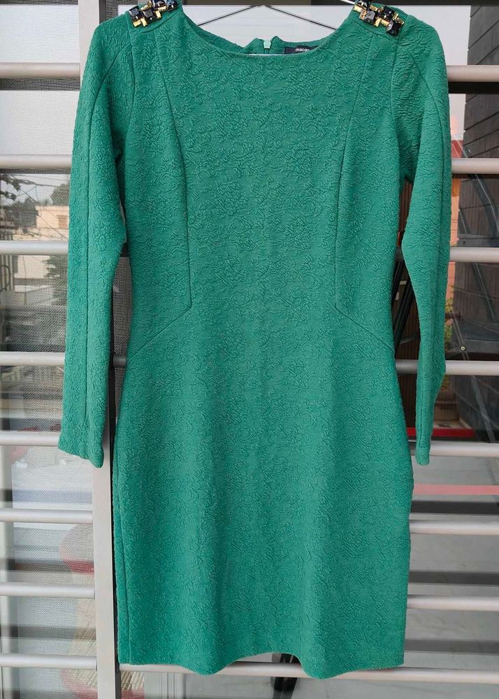 Elegant Green Textured Dress with Embellishments
