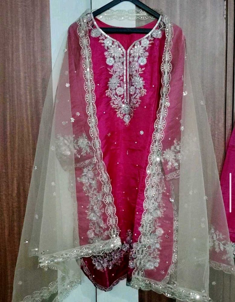 Embroidered Magenta Kurta with plazo and dupatta