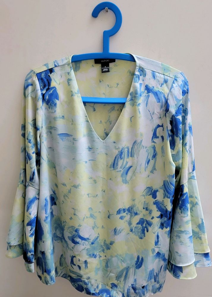 OLIVE GREEN &amp; FEROZE DIGITAL WASH-PRINT BELL SLEEVES TOP