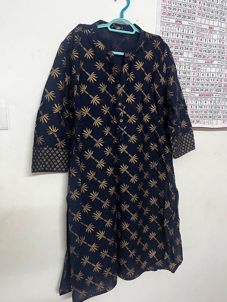 Navy Blue Kurta with Gold Print