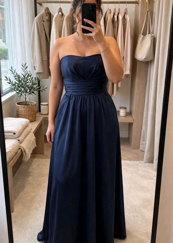 Elegant Navy Blue Strapless Maxi Dress