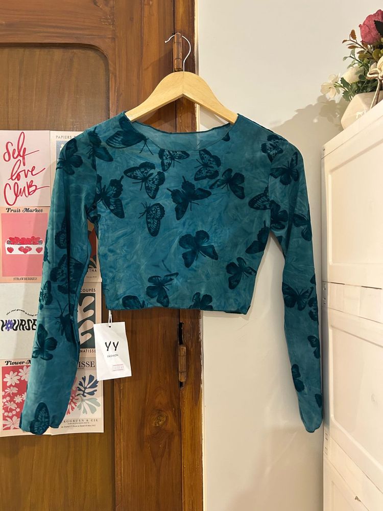 Green Butterfly Print Mesh Top