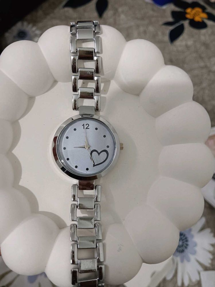 Silver Heart Dial Wrist Watch