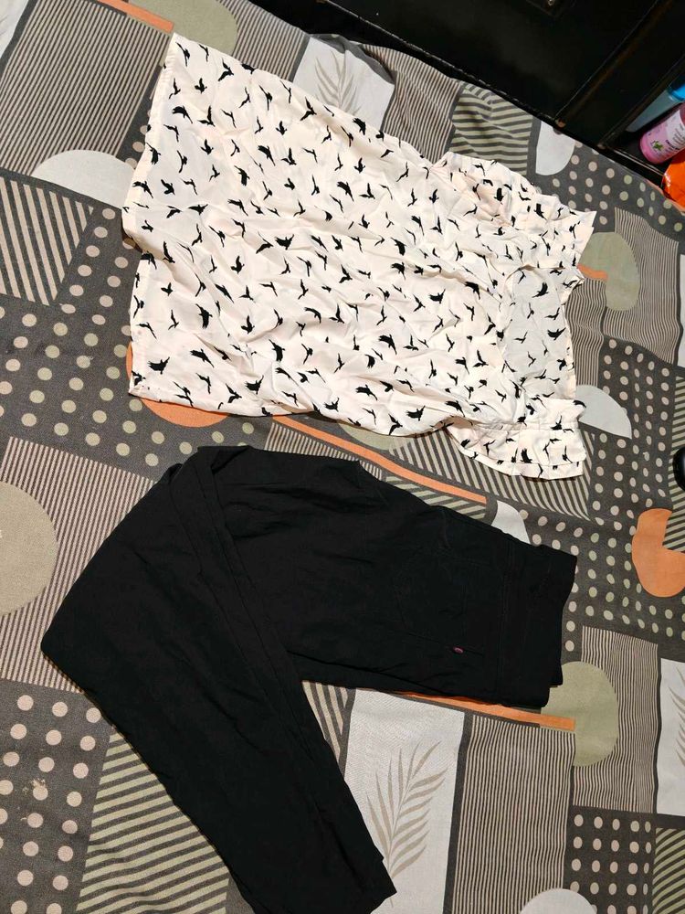 White Bird Print Top with Black pants set